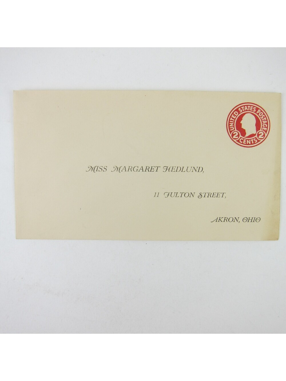 US Postal Stationery Miss Margaret Hedlund Akron Ohio 2 cent Washington Antique